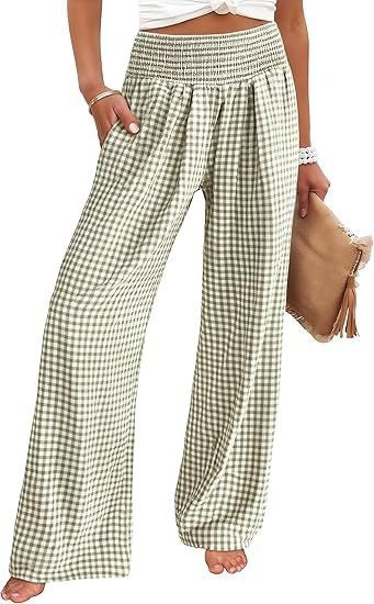 ⏳LAST DAY SALE 50% OFF!🎁Striped Gingham Wide Leg Pants High Waisted With Pockets