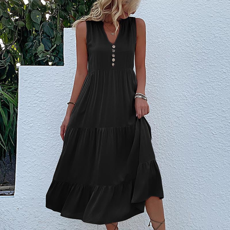 Button Detail Layered Hem Smock Dress（49% OFF）
