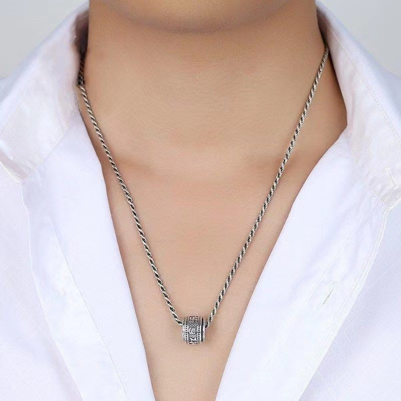 Retro Thai Silver Six-Word Mantra Good Luck Men's Necklace – Rotatable