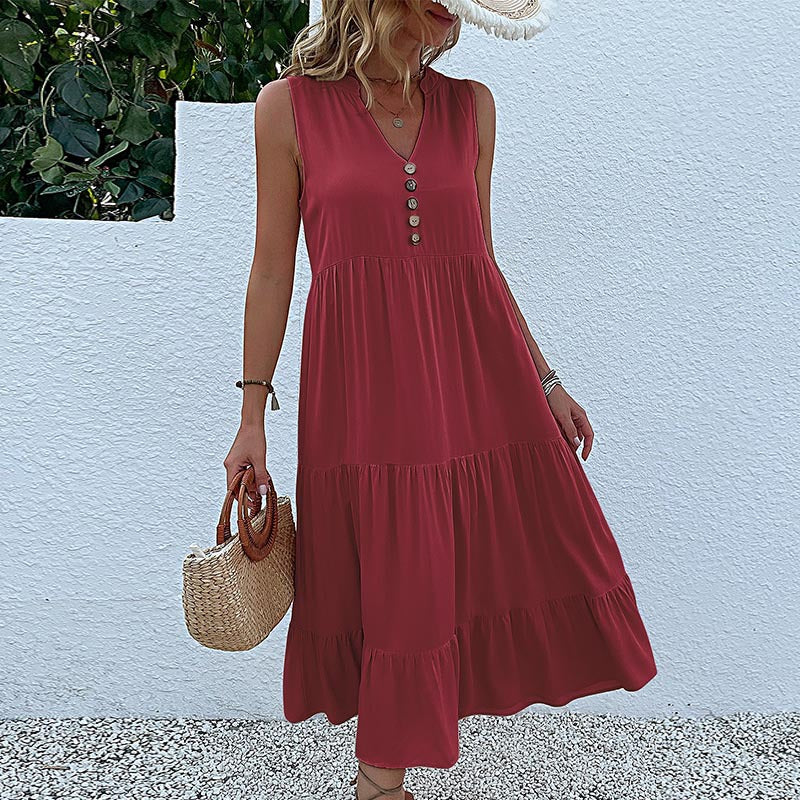 Button Detail Layered Hem Smock Dress（49% OFF）