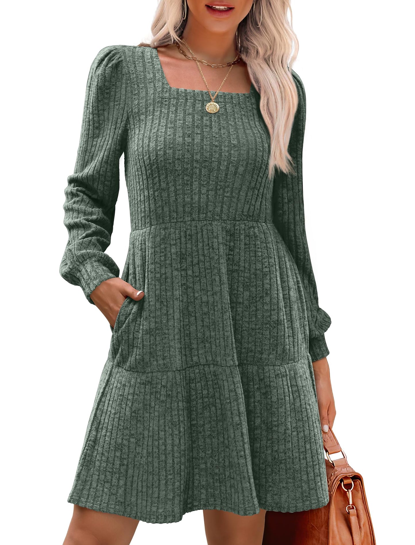 🍂2025 New Style⏰Women's Square Neck Lantern Sleeve Ribbed Dress