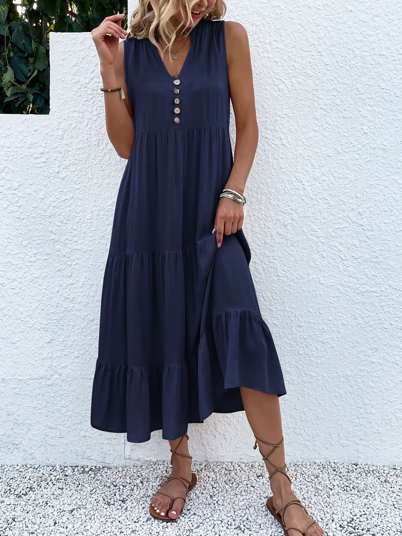 Button Detail Layered Hem Smock Dress（49% OFF）