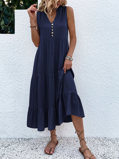 Button Detail Layered Hem Smock Dress（49% OFF）