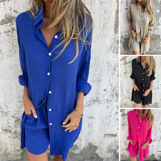 Women's Casual Long Sleeve Shirt & Shorts Two-Piece Set
