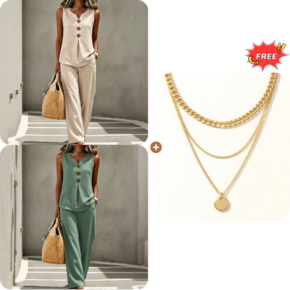 💗LAST DAY SALE 49% OFF⚡50K+ SOLD💕Women's Sleeveless Button Top and Loose Pants Set