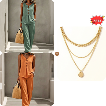 💗LAST DAY SALE 49% OFF⚡50K+ SOLD💕Women's Sleeveless Button Top and Loose Pants Set