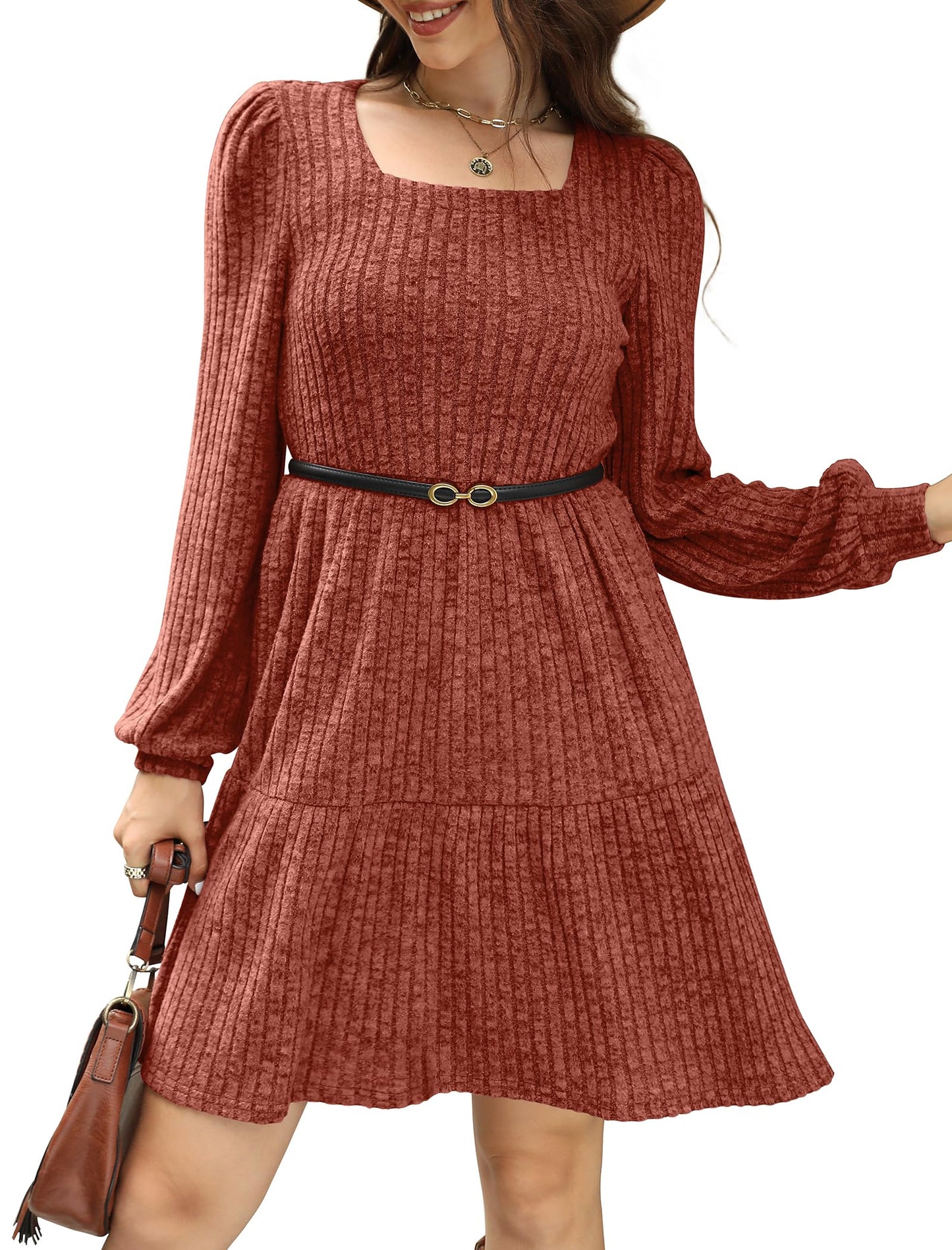 🍂2025 New Style⏰Women's Square Neck Lantern Sleeve Ribbed Dress