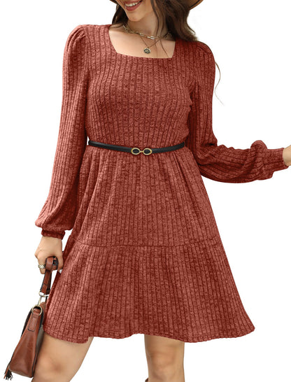 🍂2025 New Style⏰Women's Square Neck Lantern Sleeve Ribbed Dress