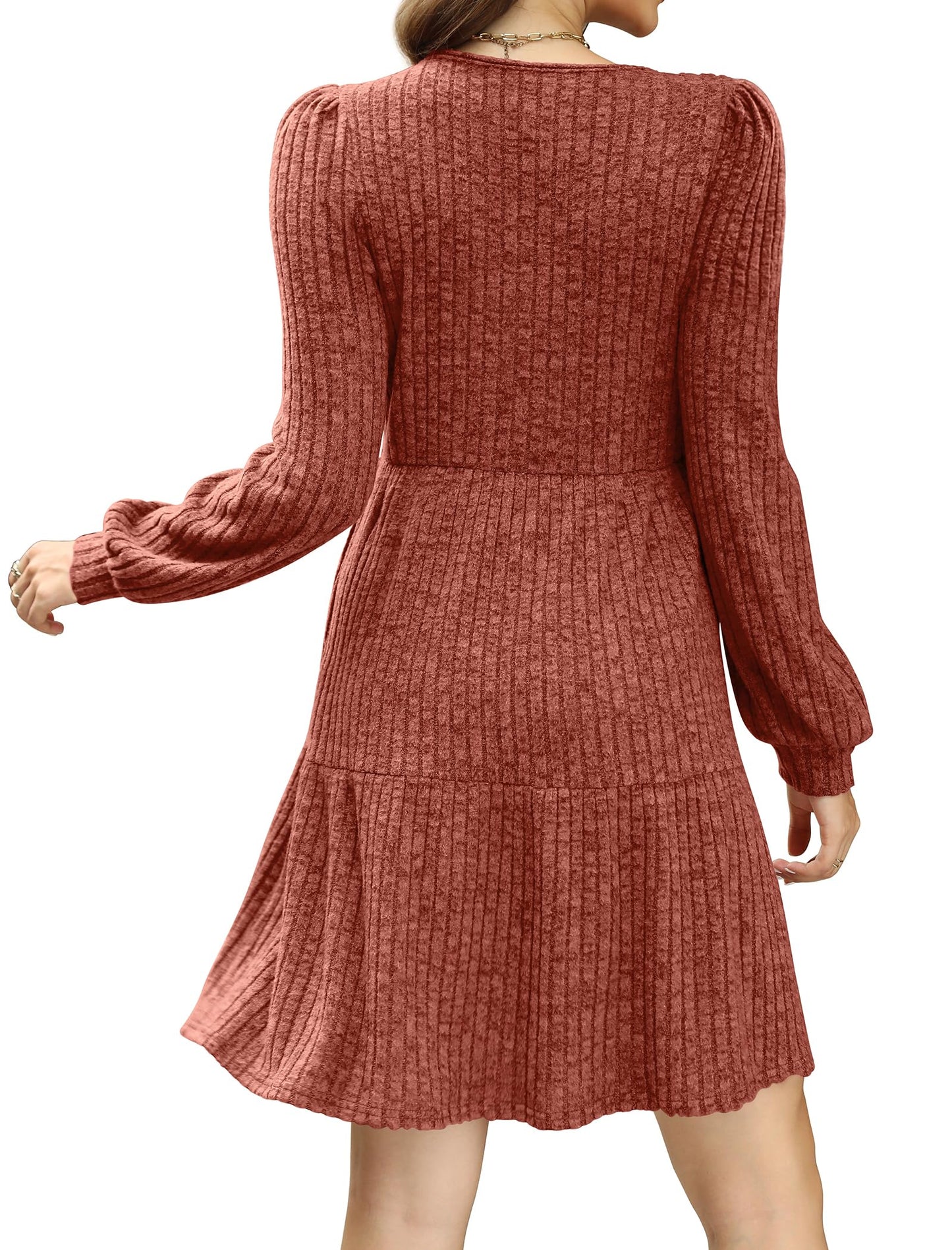 🍂2025 New Style⏰Women's Square Neck Lantern Sleeve Ribbed Dress