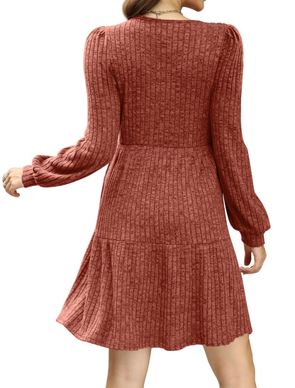 🍂2025 New Style⏰Women's Square Neck Lantern Sleeve Ribbed Dress