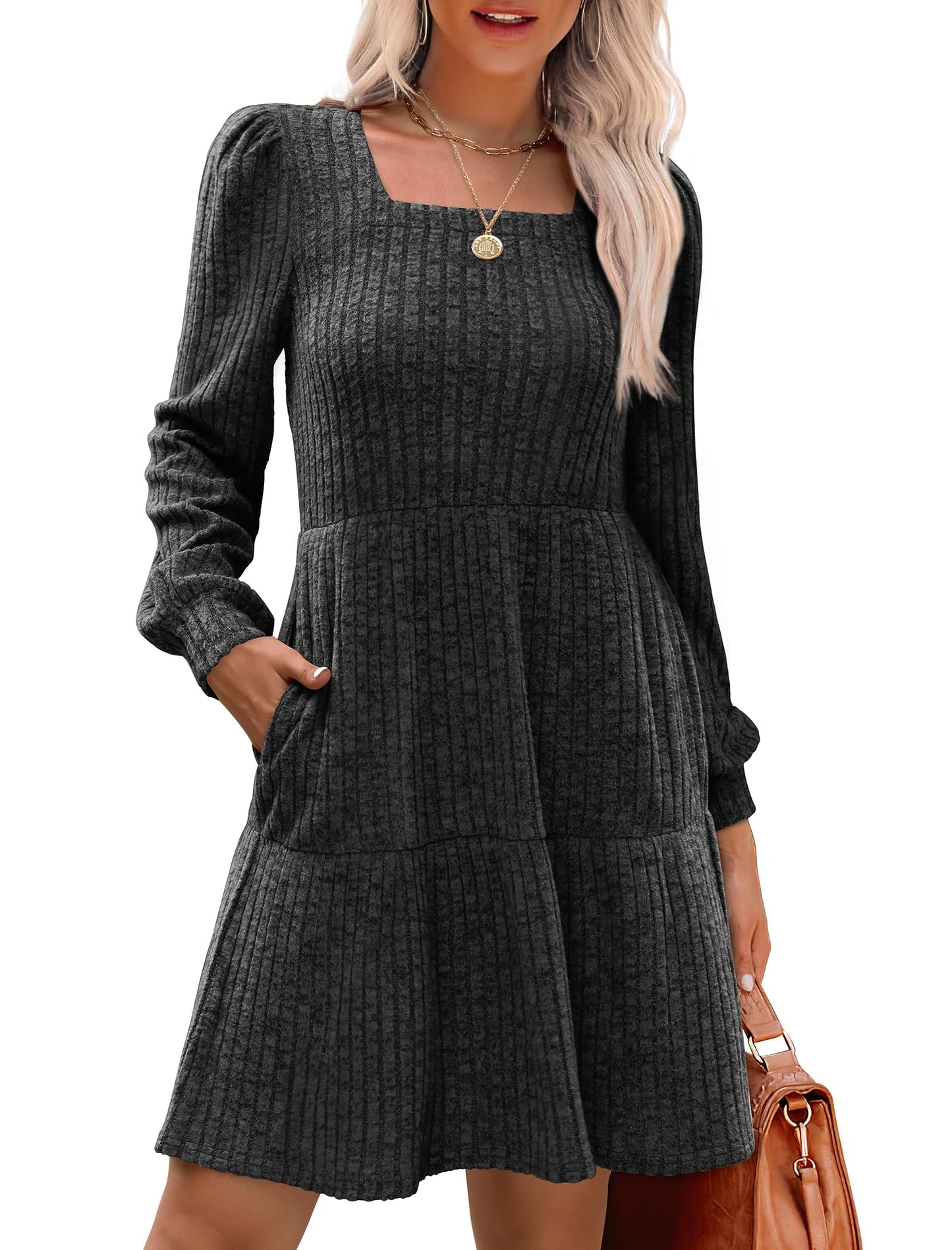 🍂2025 New Style⏰Women's Square Neck Lantern Sleeve Ribbed Dress