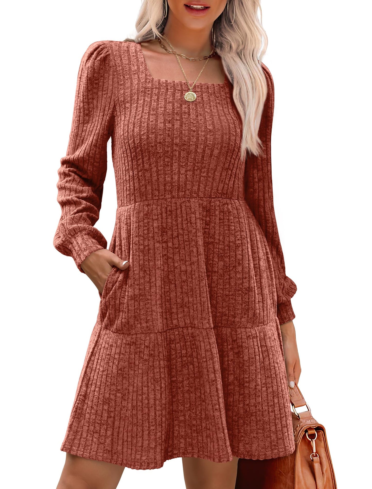 🍂2025 New Style⏰Women's Square Neck Lantern Sleeve Ribbed Dress