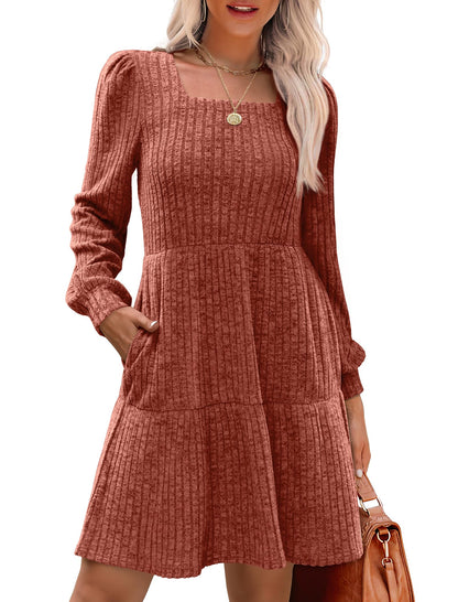 🍂2025 New Style⏰Women's Square Neck Lantern Sleeve Ribbed Dress