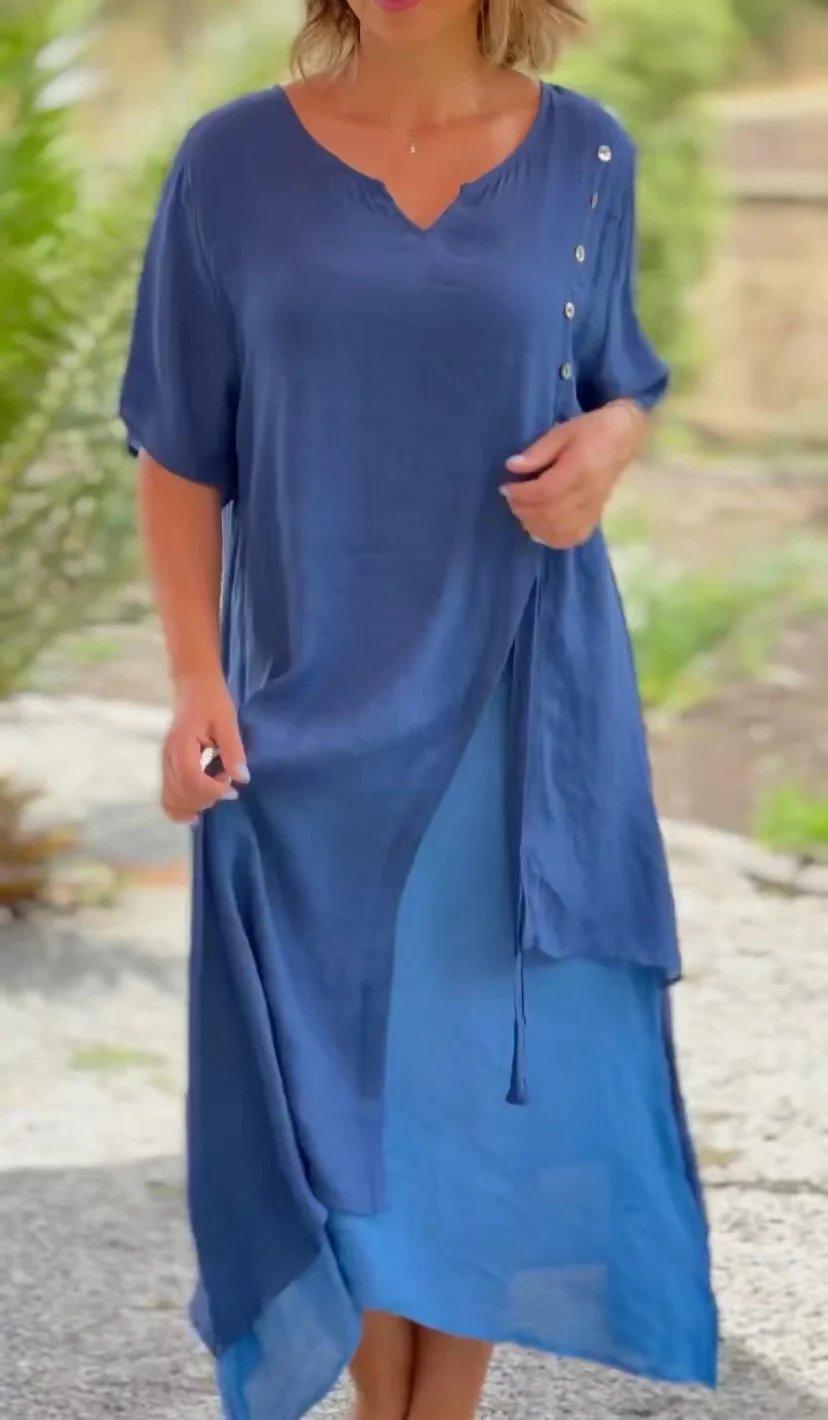 💝Short Sleeve False Two-Piece Asymmetric Dress