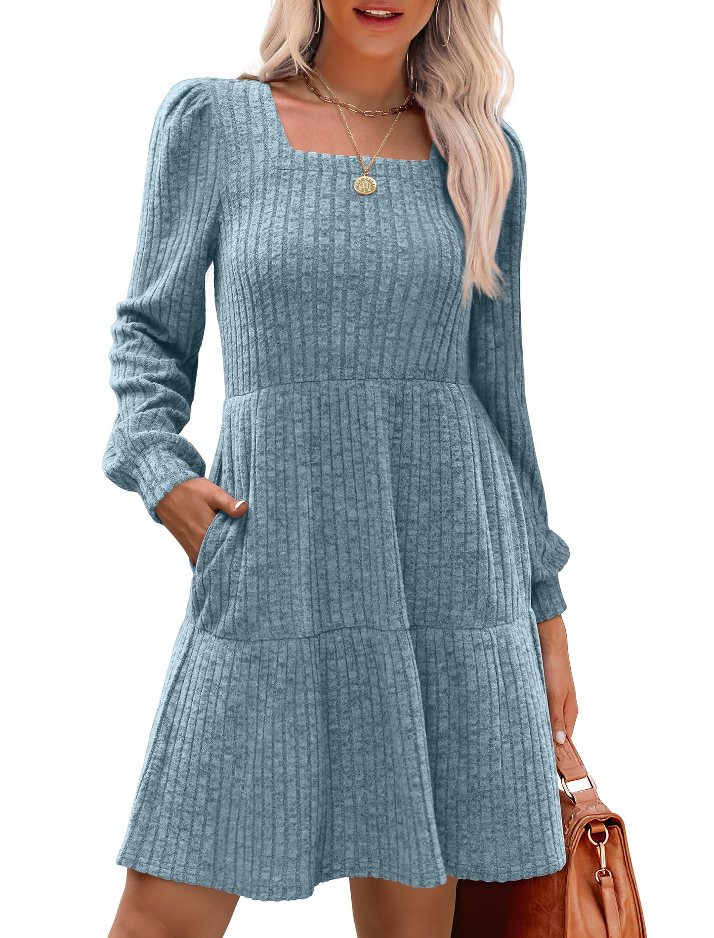 🍂2025 New Style⏰Women's Square Neck Lantern Sleeve Ribbed Dress