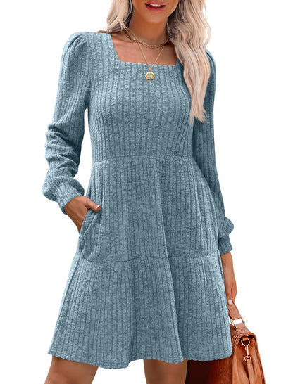 🍂2025 New Style⏰Women's Square Neck Lantern Sleeve Ribbed Dress