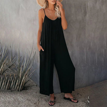 Clearance Sale! 🌸 Loose Sleeveless Wide-Leg Jumpsuit with Pockets - Stretchy & Flowy