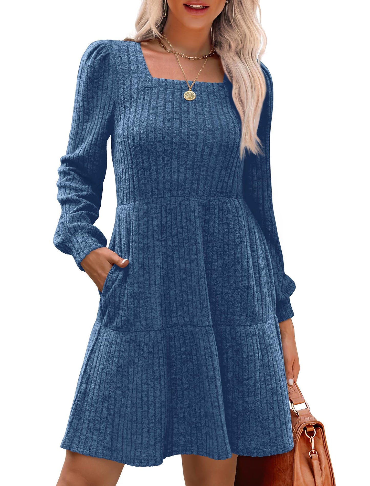🍂2025 New Style⏰Women's Square Neck Lantern Sleeve Ribbed Dress