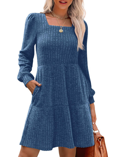 🍂2025 New Style⏰Women's Square Neck Lantern Sleeve Ribbed Dress