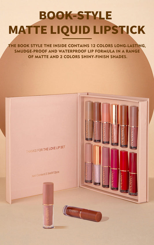 📢📢 BUY 2 GET 1 FREE! 🎀 12-Color Book Lip Gloss Set – Shimmery Shades, Moisturizing Formula & Mini Portable Design 💄✨