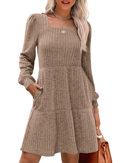🍂2025 New Style⏰Women's Square Neck Lantern Sleeve Ribbed Dress