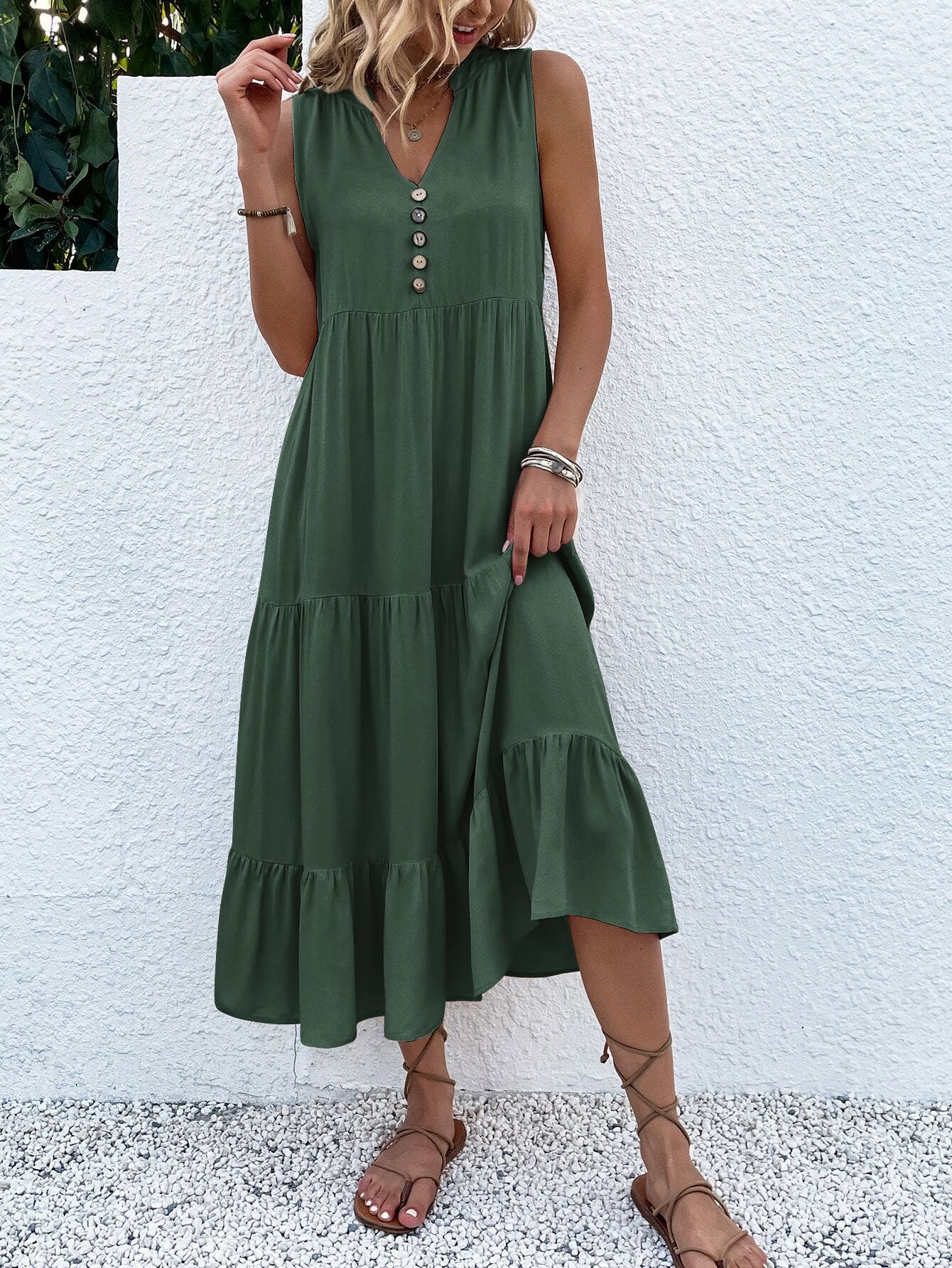 Button Detail Layered Hem Smock Dress（49% OFF）