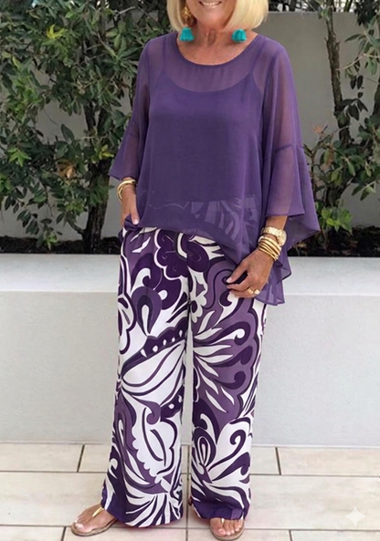 📢📢49% OFF !! ⏰Wemon's Elegant Flowy Top & Printed Pants Set