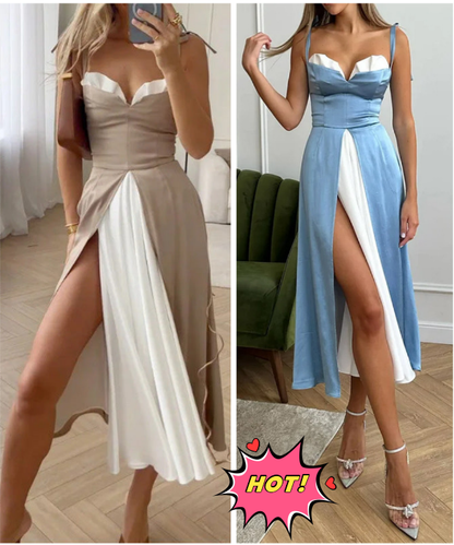 Women's Sleeveless Color Block Pleated Long Dress