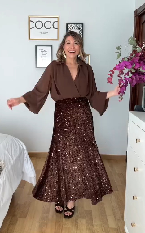 NEW✨✨Women's Long Sleeve Top & Sequin Maxi Skirt Two-Piece Set