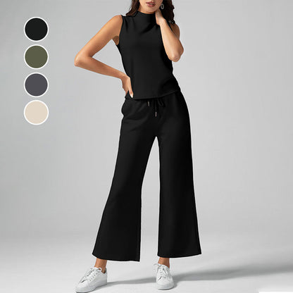 Women's Solid Color Two-Piece Set Sleeveless Turtleneck Top & Wide Leg Pants