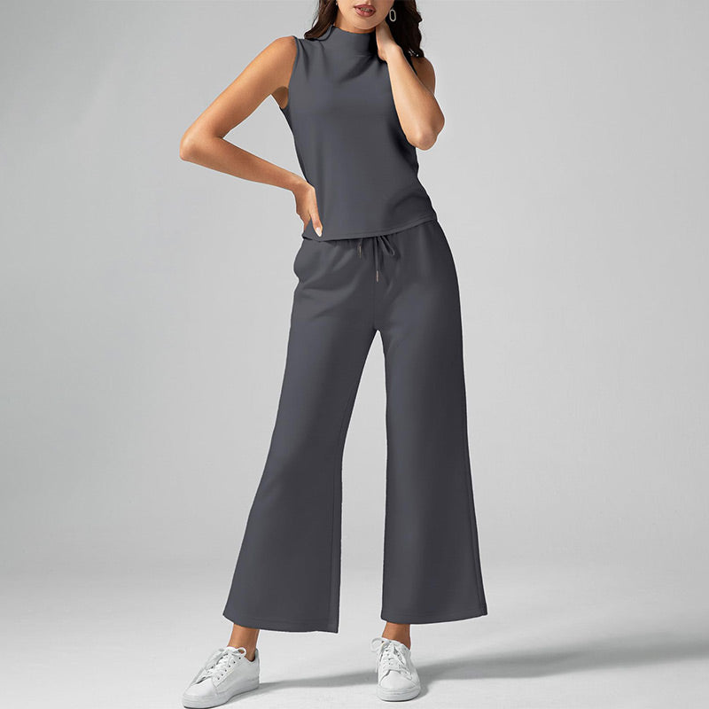 Women's Solid Color Two-Piece Set Sleeveless Turtleneck Top & Wide Leg Pants