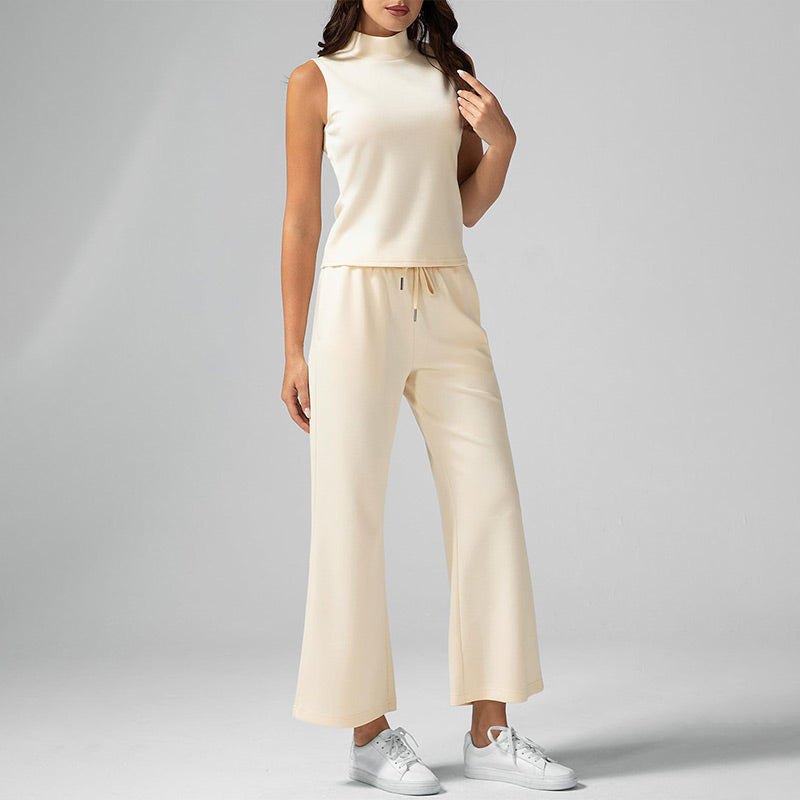 Women's Solid Color Two-Piece Set Sleeveless Turtleneck Top & Wide Leg Pants