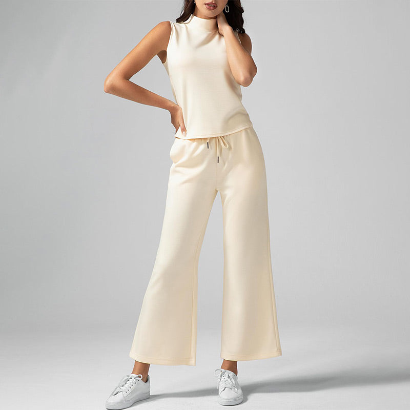 Women's Solid Color Two-Piece Set Sleeveless Turtleneck Top & Wide Leg Pants