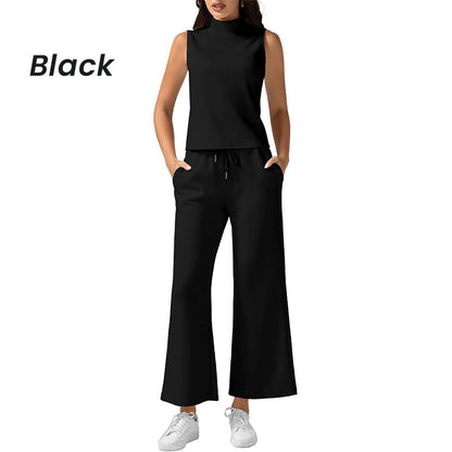 Women's Solid Color Two-Piece Set Sleeveless Turtleneck Top & Wide Leg Pants