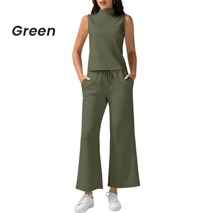 Women's Solid Color Two-Piece Set Sleeveless Turtleneck Top & Wide Leg Pants