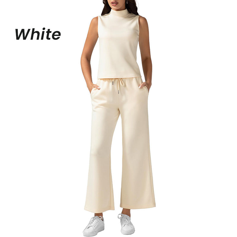 Women's Solid Color Two-Piece Set Sleeveless Turtleneck Top & Wide Leg Pants