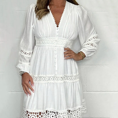 🎁Hot Sale 49% OFF⏳Women's White Vintage Hollow Out Lace V-Neck Dress