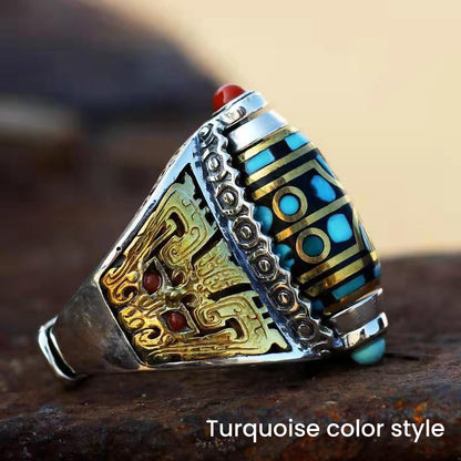 Turquoise Six-character Mantra Nine-eyed Dzi Bead Ring