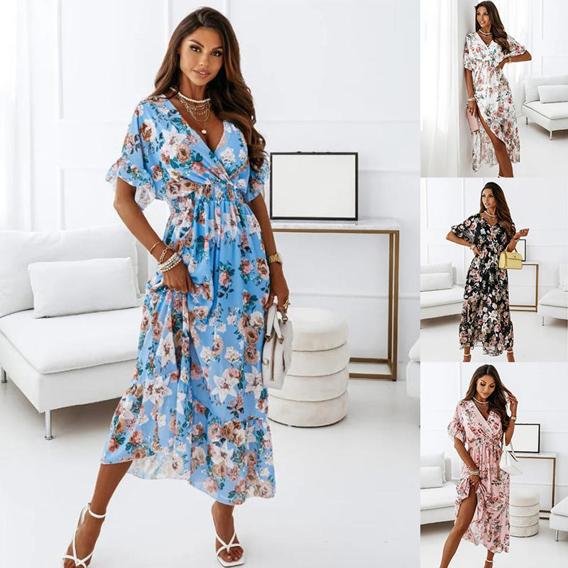 New V-neck Short Sleeve Elasticated Waist Floral Long Dress