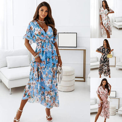 New V-neck Short Sleeve Elasticated Waist Floral Long Dress