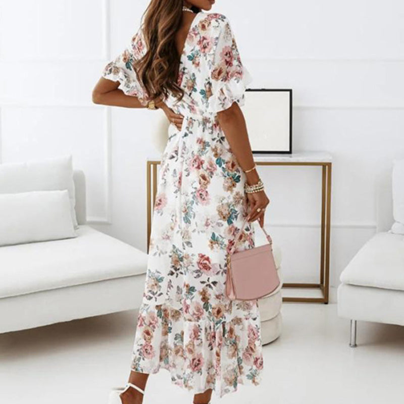 New V-neck Short Sleeve Elasticated Waist Floral Long Dress