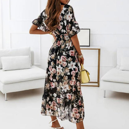 New V-neck Short Sleeve Elasticated Waist Floral Long Dress