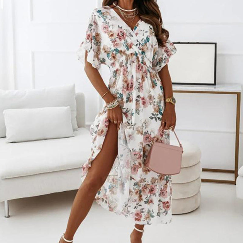 New V-neck Short Sleeve Elasticated Waist Floral Long Dress