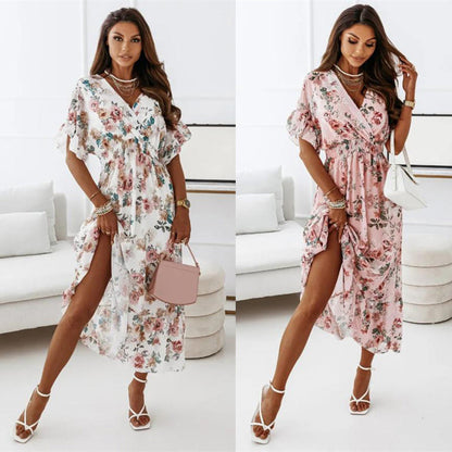 New V-neck Short Sleeve Elasticated Waist Floral Long Dress