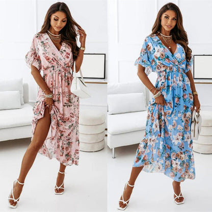 New V-neck Short Sleeve Elasticated Waist Floral Long Dress