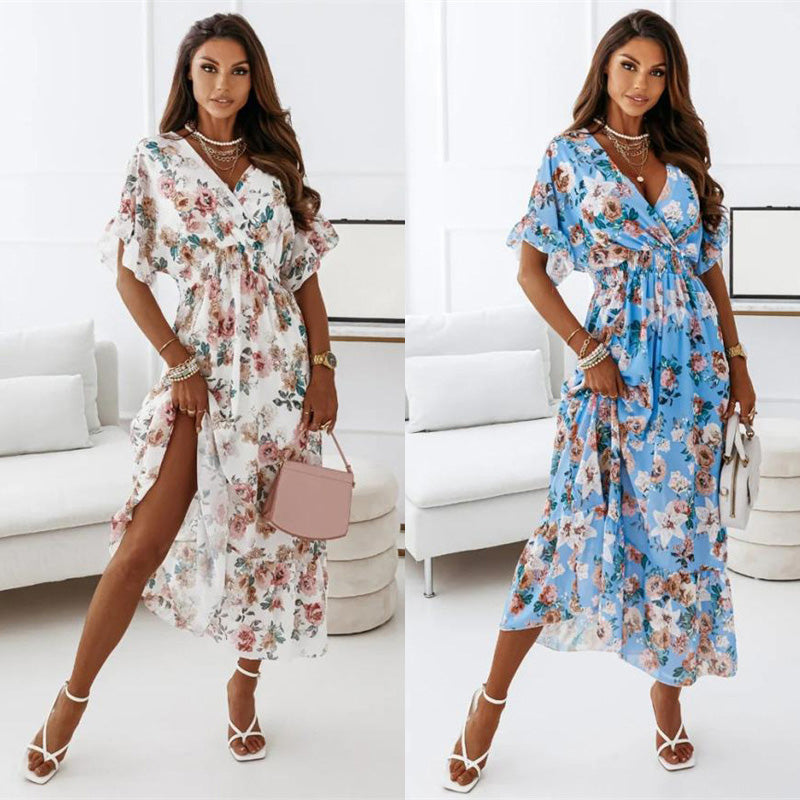 New V-neck Short Sleeve Elasticated Waist Floral Long Dress