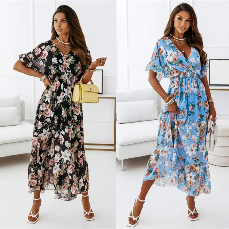 New V-neck Short Sleeve Elasticated Waist Floral Long Dress