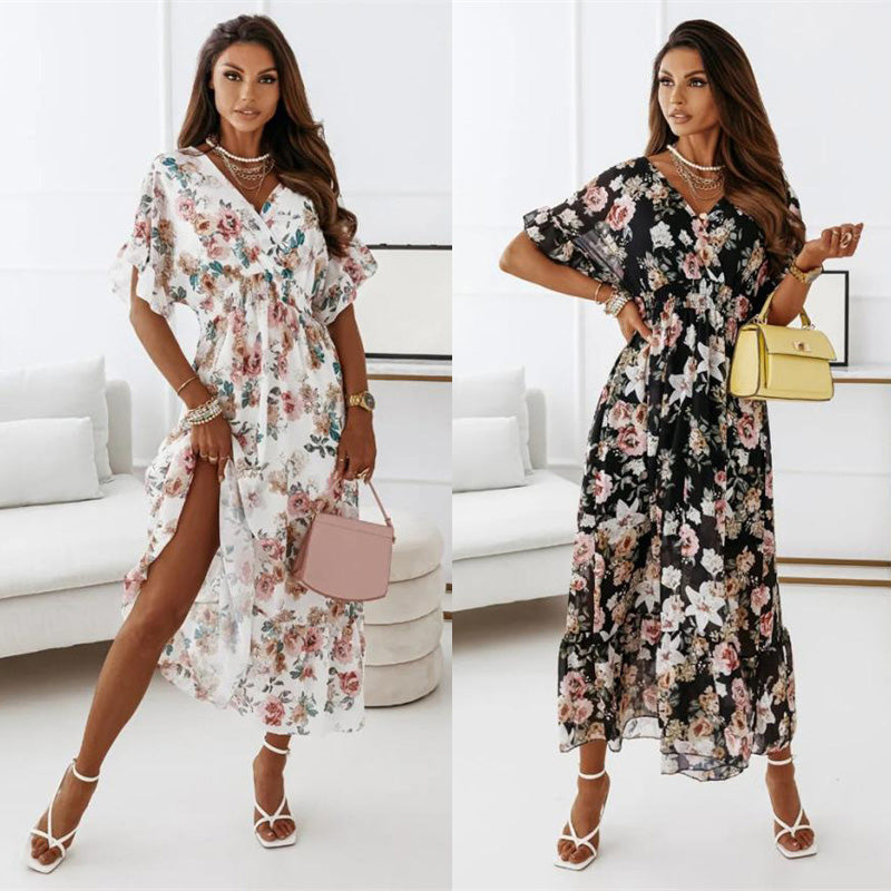 New V-neck Short Sleeve Elasticated Waist Floral Long Dress