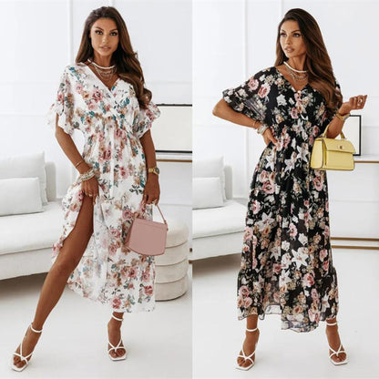 New V-neck Short Sleeve Elasticated Waist Floral Long Dress