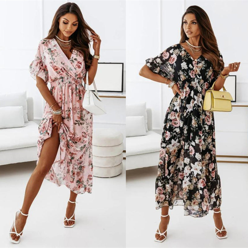 New V-neck Short Sleeve Elasticated Waist Floral Long Dress